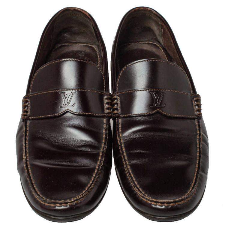 Pre Owned Louis Vuitton Dark Brown Leather Slip On Loafers Size 41