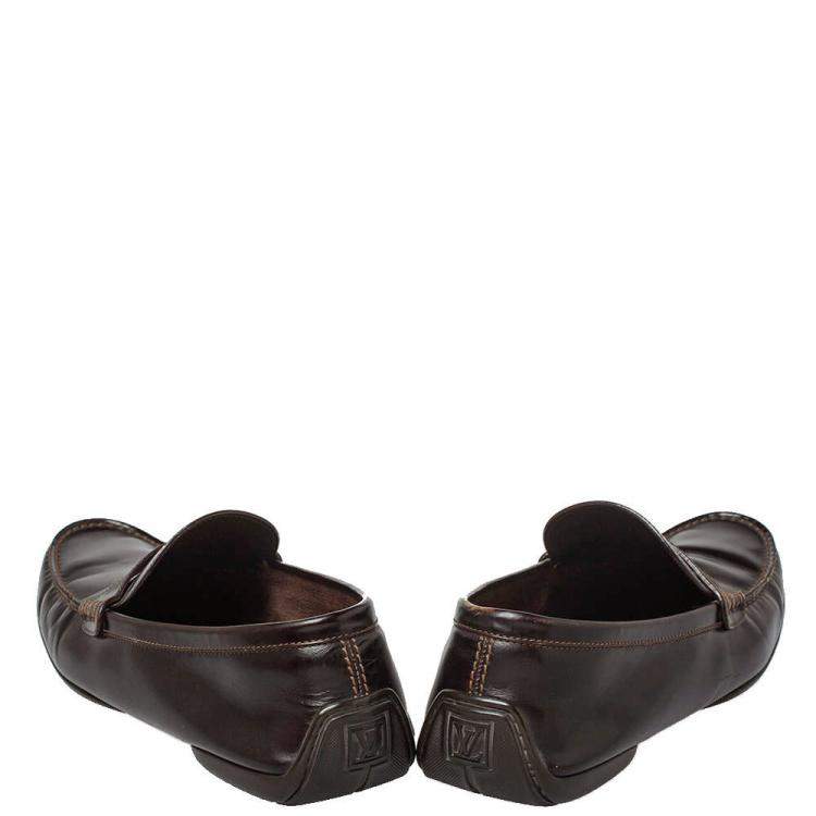 Pre Owned Louis Vuitton Dark Brown Leather Slip On Loafers Size 41
