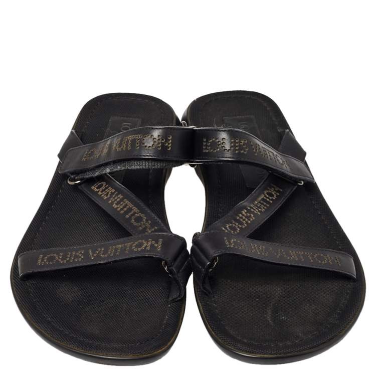 Pre Owned Louis Vuitton Black Leather Perforated Logo Slide Sandals Size 43