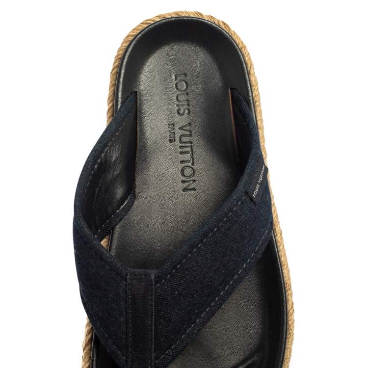 Pre Owned Louis Vuitton Navy Blue Denim Espadrille Thong Flats Size 40 