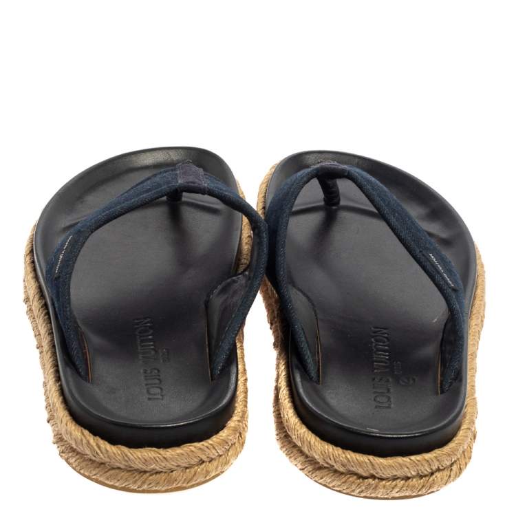 Pre Owned Louis Vuitton Navy Blue Denim Espadrille Thong Flats Size 40 