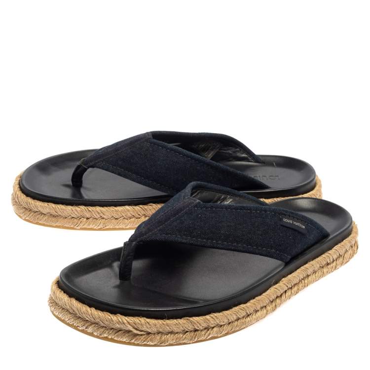 Pre Owned Louis Vuitton Navy Blue Denim Espadrille Thong Flats Size 40 