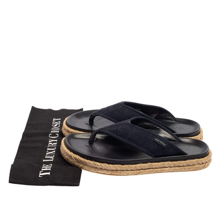 Pre Owned Louis Vuitton Navy Blue Denim Espadrille Thong Flats Size 40 