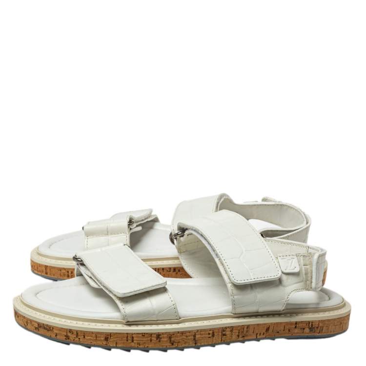Pre Owned Louis Vuitton White Croc Embossed Leather Flat Slingback Sandals Size 40