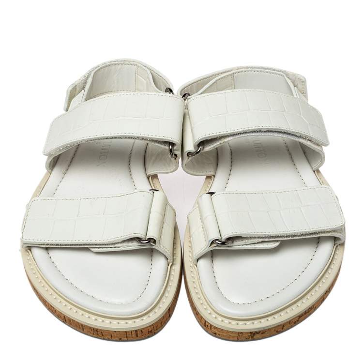 Pre Owned Louis Vuitton White Croc Embossed Leather Flat Slingback Sandals Size 40