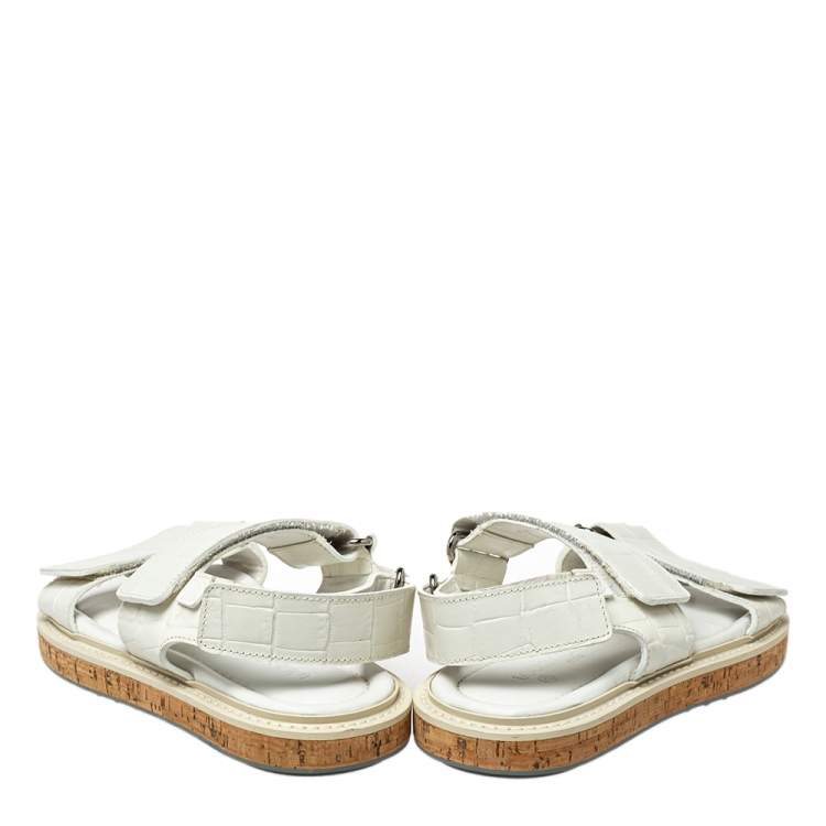 Pre Owned Louis Vuitton White Croc Embossed Leather Flat Slingback Sandals Size 40