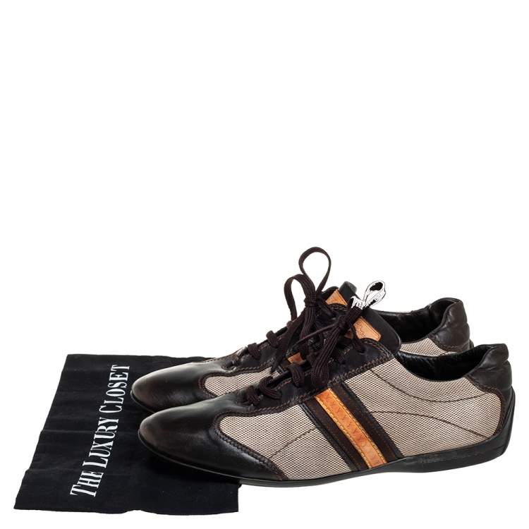 Pre Owned Louis Vuitton Brown/Beige Leather And Canvas Low Top Sneakers Size 42.5