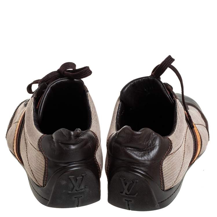 Pre Owned Louis Vuitton Brown/Beige Leather And Canvas Low Top Sneakers Size 42.5