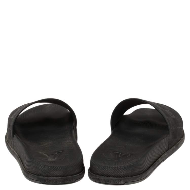 Pre Owned Louis Vuitton Black Damier Embossed Rubber Waterfront Flat Slides Size 41.5