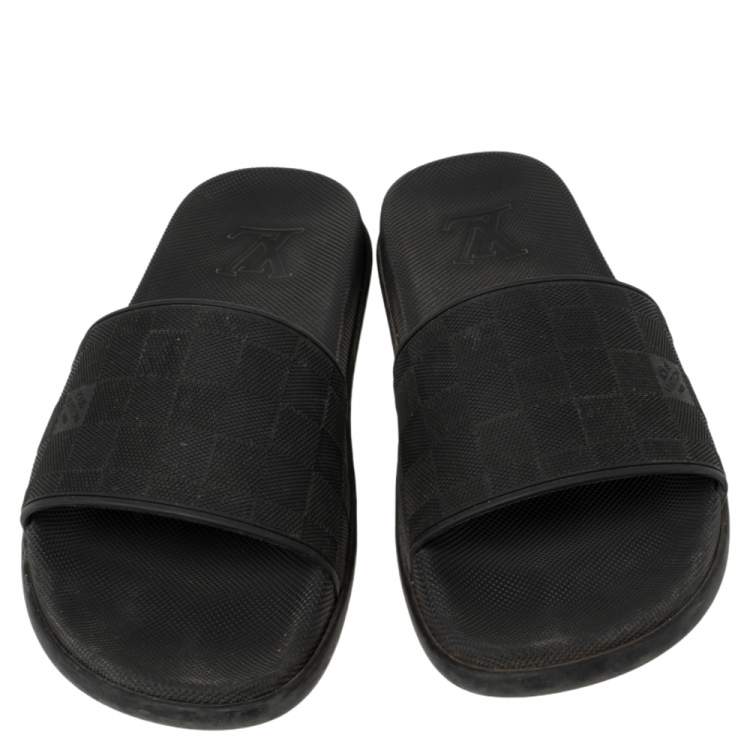 Pre Owned Louis Vuitton Black Damier Embossed Rubber Waterfront Flat Slides Size 41.5