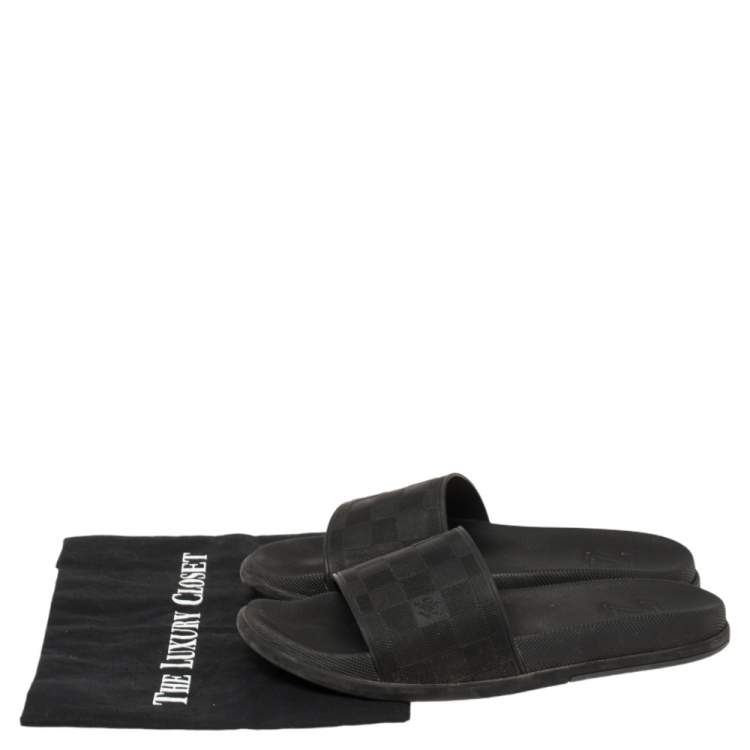 Pre Owned Louis Vuitton Black Damier Embossed Rubber Waterfront Flat Slides Size 41.5