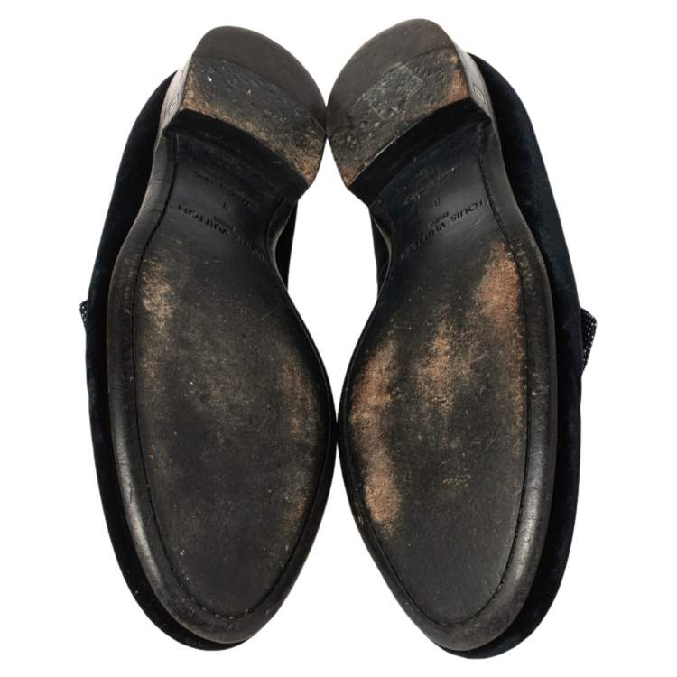 Pre Owned Louis Vuitton Deep Blue Velvet Tuxedo Bow Loafers Size 42