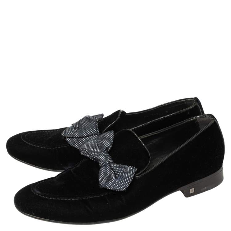 Pre Owned Louis Vuitton Deep Blue Velvet Tuxedo Bow Loafers Size 42