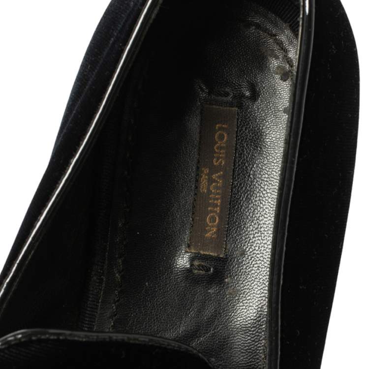 Pre Owned Louis Vuitton Deep Blue Velvet Tuxedo Bow Loafers Size 42
