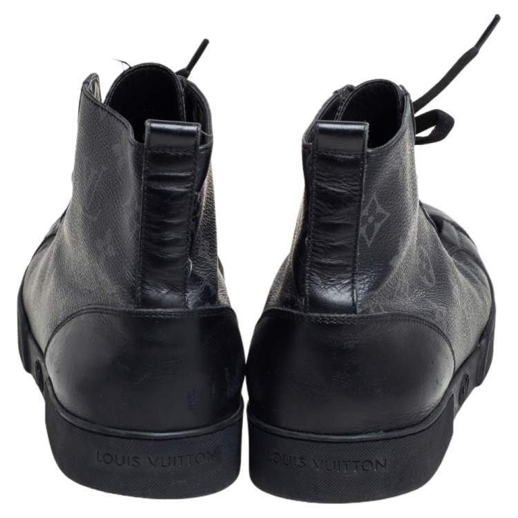 Pre Owned Louis Vuitton Black Leather and Monogram Eclipse Canvas Match Up High Top Sneakers Size 43