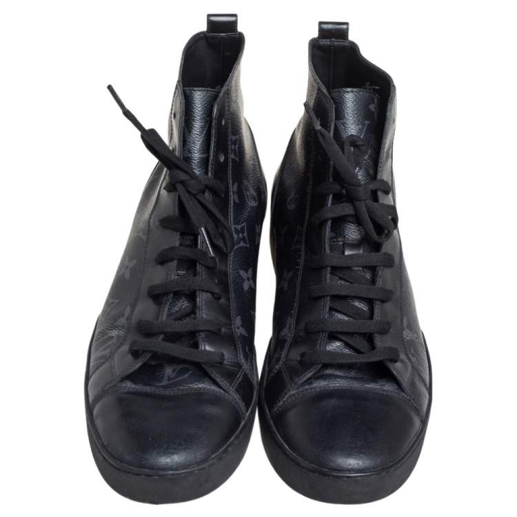 Pre Owned Louis Vuitton Black Leather and Monogram Eclipse Canvas Match Up High Top Sneakers Size 43