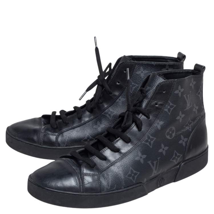 Pre Owned Louis Vuitton Black Leather and Monogram Eclipse Canvas Match Up High Top Sneakers Size 43