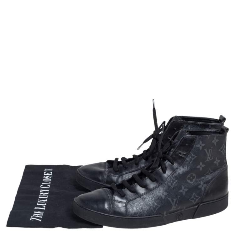 Pre Owned Louis Vuitton Black Leather and Monogram Eclipse Canvas Match Up High Top Sneakers Size 43