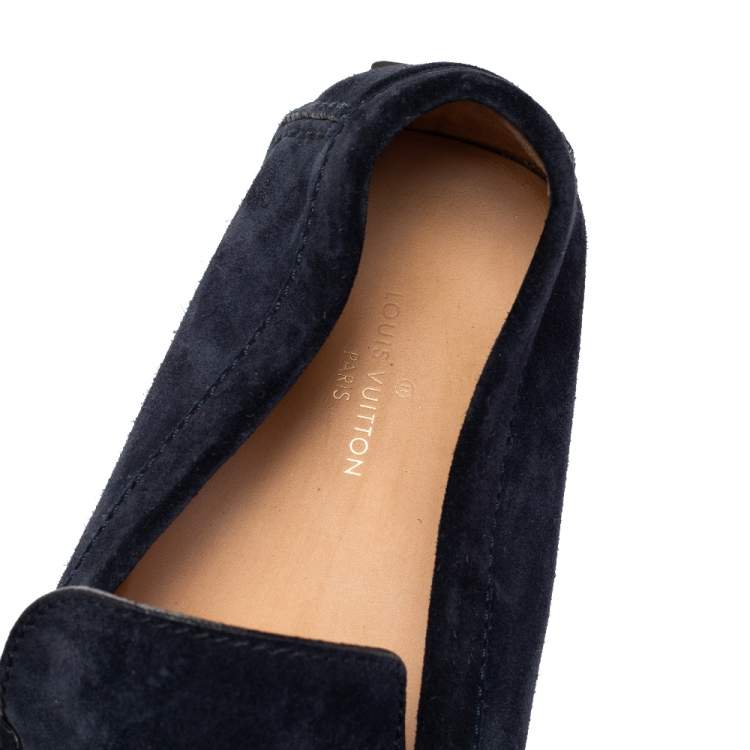 Pre Owned Louis Vuitton Navy Blue Suede Slip On Loafers Size 45 