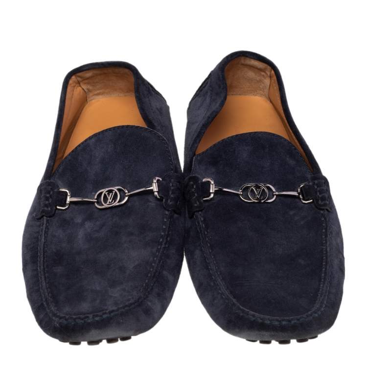 Pre Owned Louis Vuitton Navy Blue Suede Slip On Loafers Size 45 