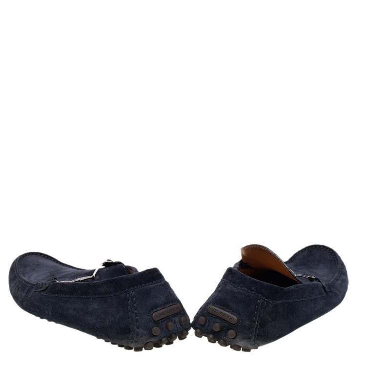 Pre Owned Louis Vuitton Navy Blue Suede Slip On Loafers Size 45 