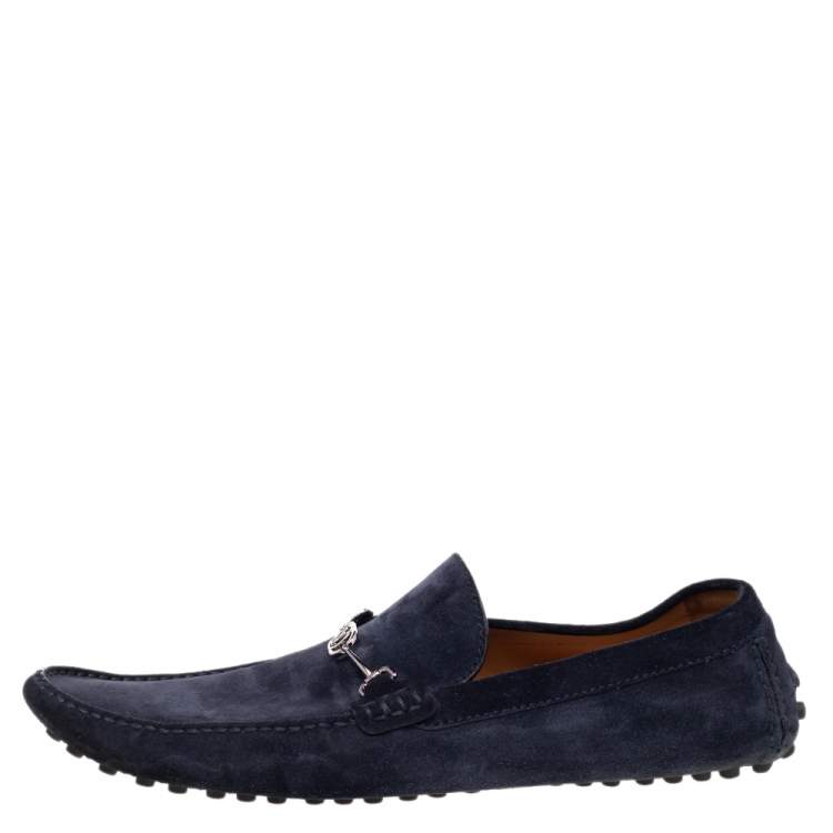 Pre Owned Louis Vuitton Navy Blue Suede Slip On Loafers Size 45 