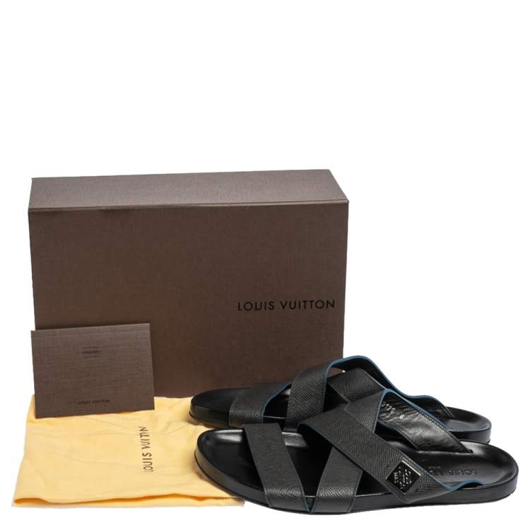Pre Owned Louis Vuitton Black Leather Criss Cross Strap Flat Slide Sandals Size 40
