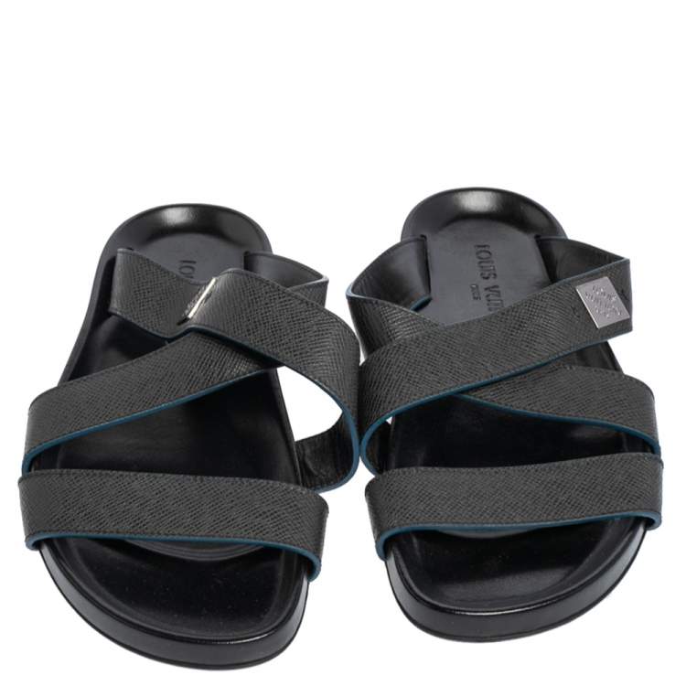 Pre Owned Louis Vuitton Black Leather Criss Cross Strap Flat Slide Sandals Size 40