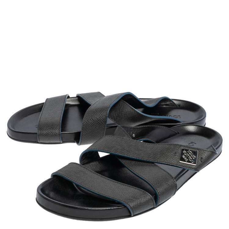 Pre Owned Louis Vuitton Black Leather Criss Cross Strap Flat Slide Sandals Size 40