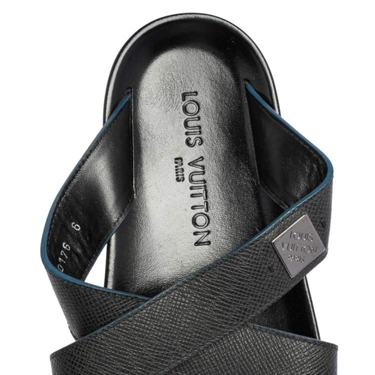 Pre Owned Louis Vuitton Black Leather Criss Cross Strap Flat Slide Sandals Size 40