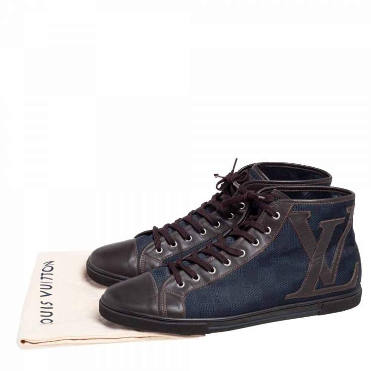 Pre Owned Louis Vuitton Brown/Blue Damier Ebene Canvas and Leather High Top Sneaker Size 44
