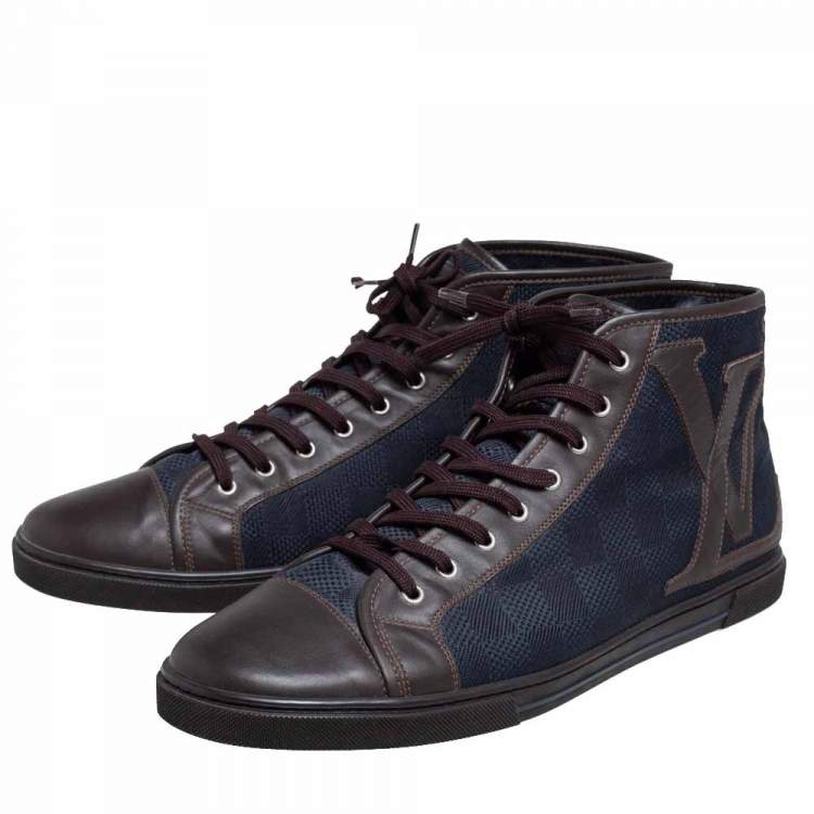 Pre Owned Louis Vuitton Brown/Blue Damier Ebene Canvas and Leather High Top Sneaker Size 44