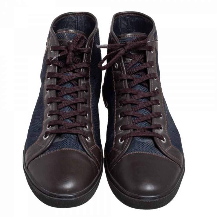 Pre Owned Louis Vuitton Brown/Blue Damier Ebene Canvas and Leather High Top Sneaker Size 44