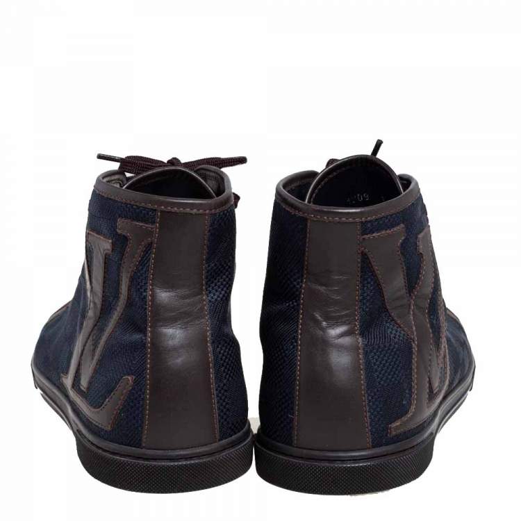 Pre Owned Louis Vuitton Brown/Blue Damier Ebene Canvas and Leather High Top Sneaker Size 44
