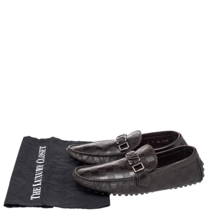 Pre Owned Louis Vuitton Dark Brown Damier Embossed Leather Hockenheim Slip On Loafers Size 41