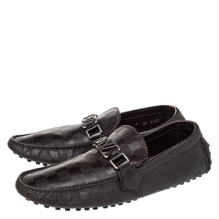 Pre Owned Louis Vuitton Dark Brown Damier Embossed Leather Hockenheim Slip On Loafers Size 41