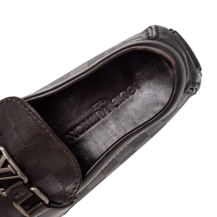 Pre Owned Louis Vuitton Dark Brown Damier Embossed Leather Hockenheim Slip On Loafers Size 41