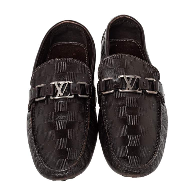 Pre Owned Louis Vuitton Dark Brown Damier Embossed Leather Hockenheim Slip On Loafers Size 41