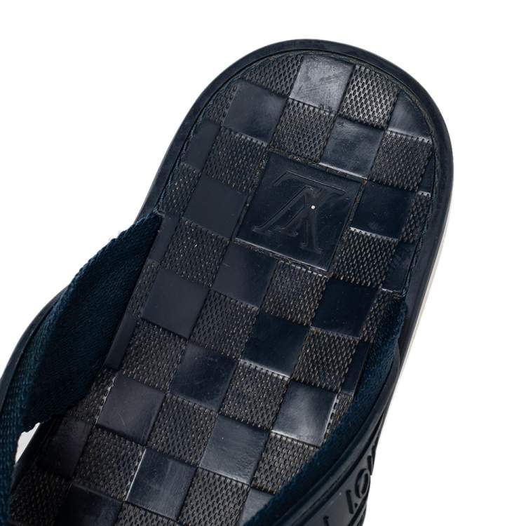 Pre Owned Louis Vuitton Blue Damier Rubber And Leather Key Flip Flop Thong Flats Size 44