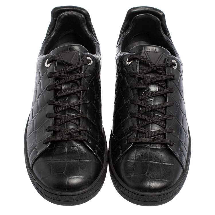 Pre Owned Louis Vuitton Black Croc Embossed Leather Front Row Low Top Sneakers Size 44