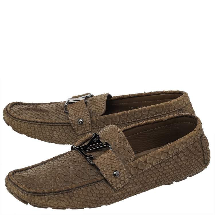 Pre Owned Louis Vuitton Olive Green Python Monte Carlo Slip On Loafers Size 44