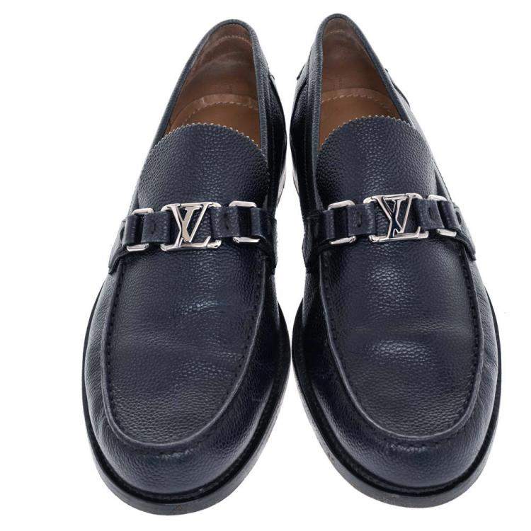 Pre Owned Louis Vuitton Navy Blue Leather Major Slip On Loafers Size 43.5