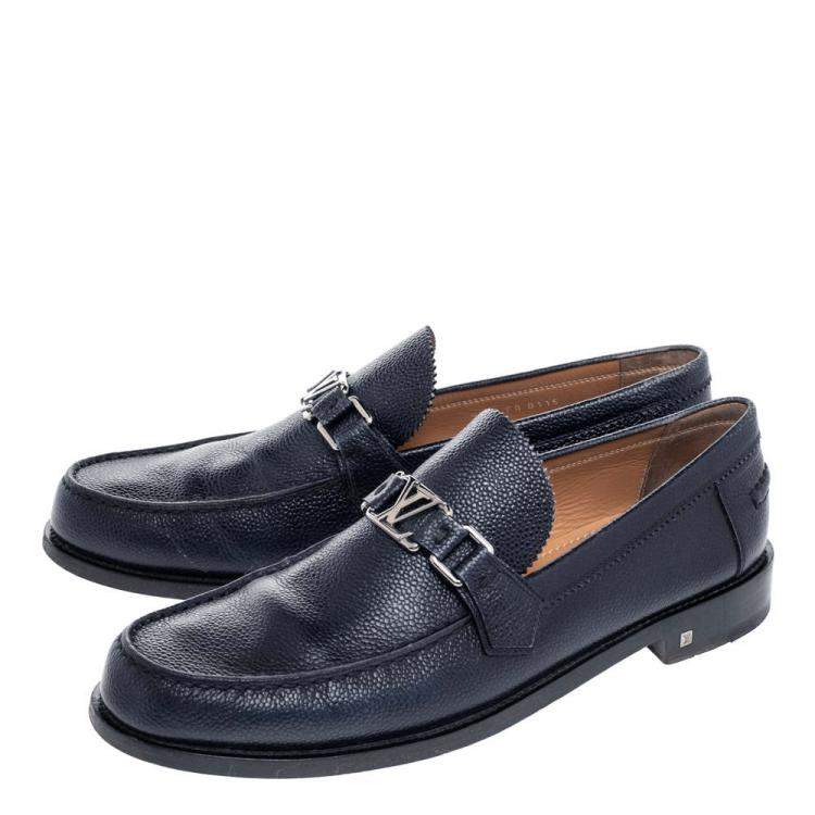 Pre Owned Louis Vuitton Navy Blue Leather Major Slip On Loafers Size 43.5