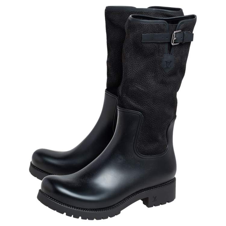 Pre Owned Louis Vuitton Black Suede and Rubber Mid Calf Boots Size 44