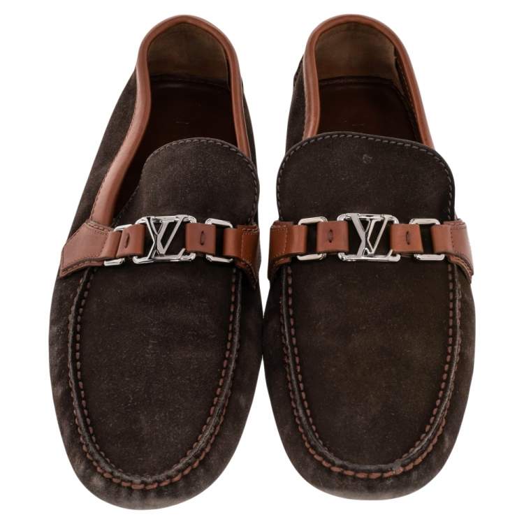 Pre Owned Louis Vuitton Brown Suede And Leather Hockenhein Slip On Loafers Size 45