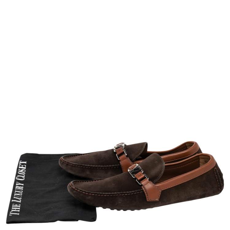 Pre Owned Louis Vuitton Brown Suede And Leather Hockenhein Slip On Loafers Size 45