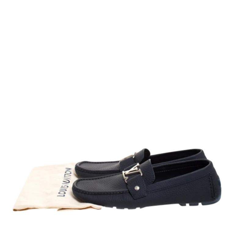 Pre Owned Louis Vuitton Dark Blue Textured Leather Montaigne Moccasins Size EU 42
