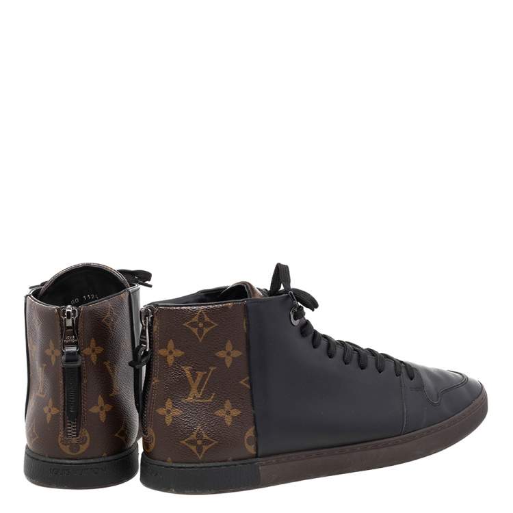 Pre Owned Louis Vuitton Black/Brown Monogram  Coated Canvas  And Leather Line Up High Top Sneakers Size 42