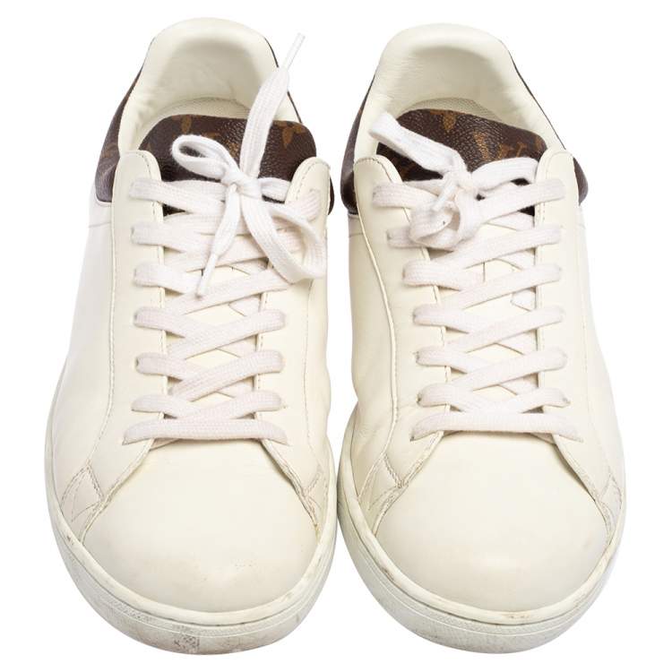 Pre Owned Louis Vuitton White Leather And Monogram Canvas Luxembourg Low Top Sneakers Size 41.5