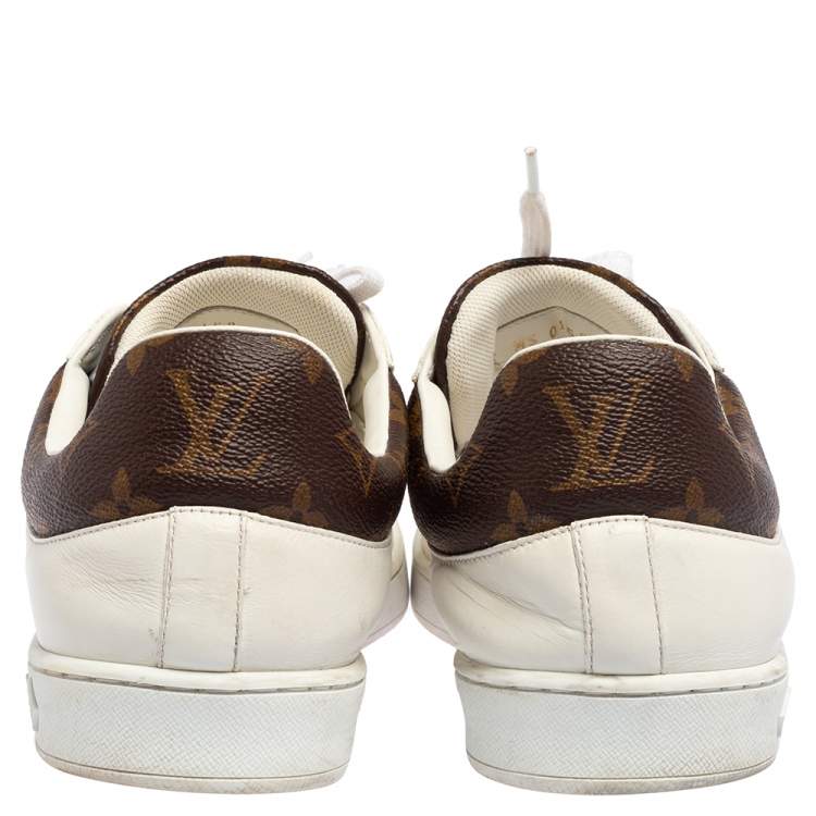 Pre Owned Louis Vuitton White Leather And Monogram Canvas Luxembourg Low Top Sneakers Size 41.5